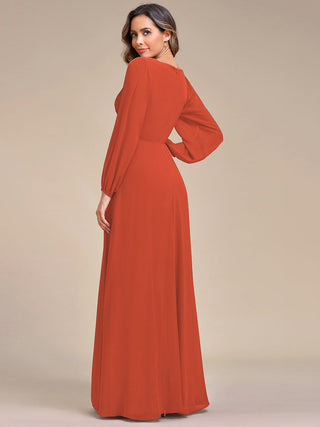 Long Sleeve A-Line Floor Length Deep V-Neck Evening Dresses