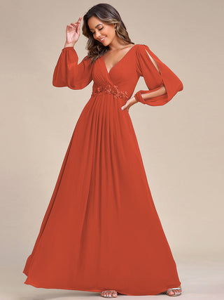 Long Sleeve A-Line Floor Length Deep V-Neck Evening Dresses