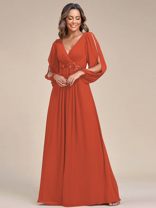 Long Sleeve A-Line Floor Length Deep V-Neck Evening Dresses