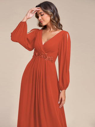 Long Sleeve A-Line Floor Length Deep V-Neck Evening Dresses