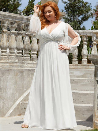 Long Sleeve A-Line Floor Length Deep V-Neck Evening Dresses