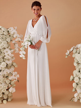 Long Sleeve A-Line Floor Length Deep V-Neck Evening Dresses