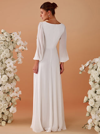 Long Sleeve A-Line Floor Length Deep V-Neck Evening Dresses
