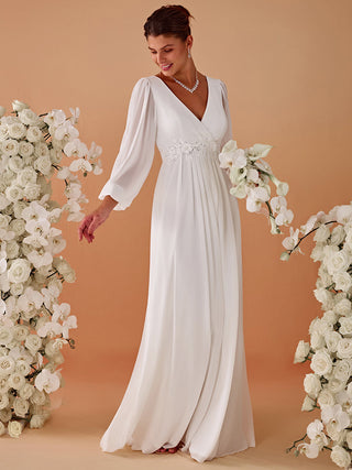 Long Sleeve A-Line Floor Length Deep V-Neck Evening Dresses