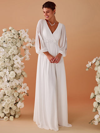 Long Sleeve A-Line Floor Length Deep V-Neck Evening Dresses