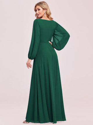 Long Sleeve A-Line Floor Length Deep V-Neck Evening Dresses