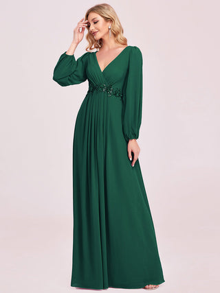 Long Sleeve A-Line Floor Length Deep V-Neck Evening Dresses