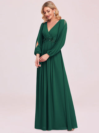 Long Sleeve A-Line Floor Length Deep V-Neck Evening Dresses