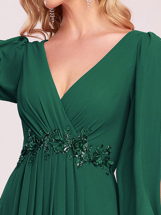 Long Sleeve A-Line Floor Length Deep V-Neck Evening Dresses