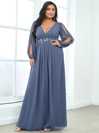 Long Sleeve A-Line Floor Length Deep V-Neck Evening Dresses