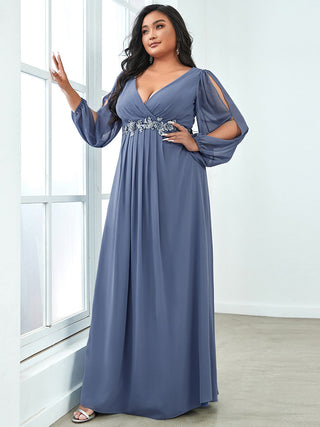 Long Sleeve A-Line Floor Length Deep V-Neck Evening Dresses