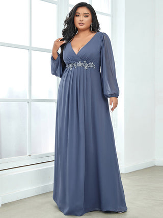 Long Sleeve A-Line Floor Length Deep V-Neck Evening Dresses