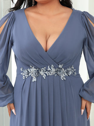 Long Sleeve A-Line Floor Length Deep V-Neck Evening Dresses