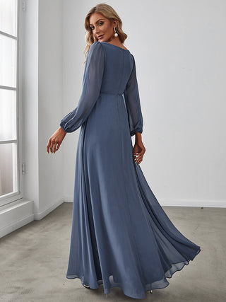Long Sleeve A-Line Floor Length Deep V-Neck Evening Dresses