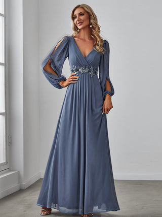 Long Sleeve A-Line Floor Length Deep V-Neck Evening Dresses