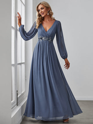 Long Sleeve A-Line Floor Length Deep V-Neck Evening Dresses