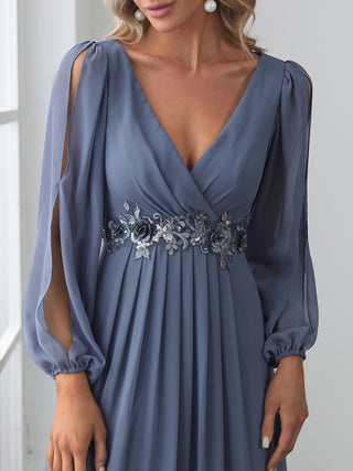 Long Sleeve A-Line Floor Length Deep V-Neck Evening Dresses