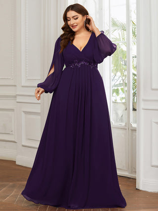 Long Sleeve A-Line Floor Length Deep V-Neck Evening Dresses