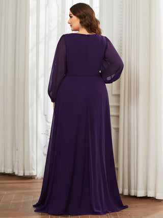 Long Sleeve A-Line Floor Length Deep V-Neck Evening Dresses