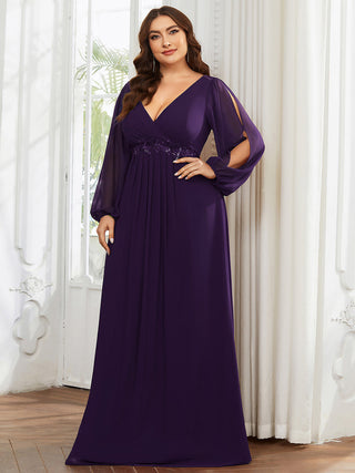 Long Sleeve A-Line Floor Length Deep V-Neck Evening Dresses