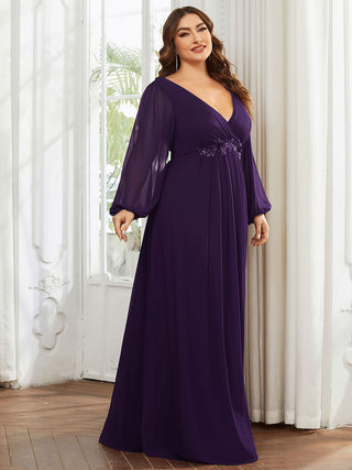 Long Sleeve A-Line Floor Length Deep V-Neck Evening Dresses