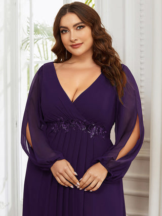 Long Sleeve A-Line Floor Length Deep V-Neck Evening Dresses