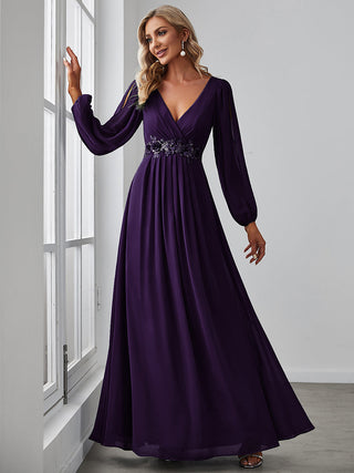 Long Sleeve A-Line Floor Length Deep V-Neck Evening Dresses