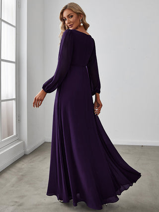 Long Sleeve A-Line Floor Length Deep V-Neck Evening Dresses