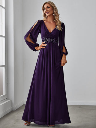 Long Sleeve A-Line Floor Length Deep V-Neck Evening Dresses