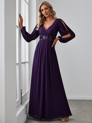 Long Sleeve A-Line Floor Length Deep V-Neck Evening Dresses