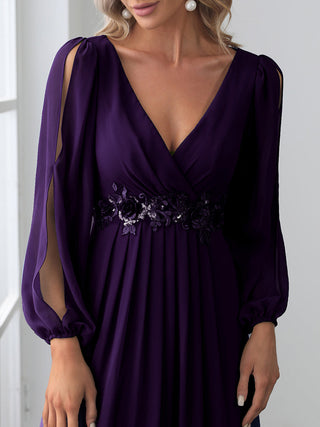 Long Sleeve A-Line Floor Length Deep V-Neck Evening Dresses