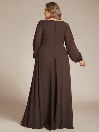 Long Sleeve A-Line Floor Length Deep V-Neck Evening Dresses