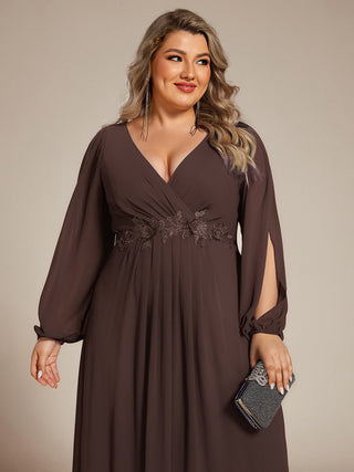 Long Sleeve A-Line Floor Length Deep V-Neck Evening Dresses