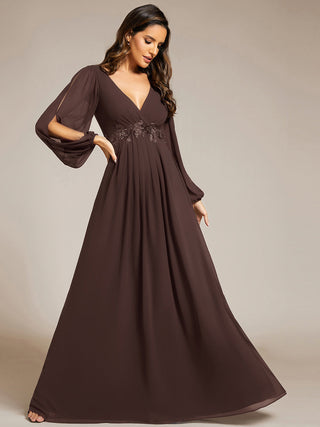 Long Sleeve A-Line Floor Length Deep V-Neck Evening Dresses
