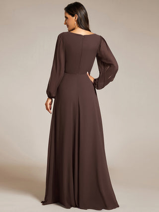 Long Sleeve A-Line Floor Length Deep V-Neck Evening Dresses