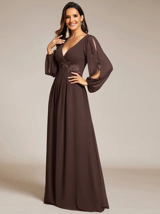 Long Sleeve A-Line Floor Length Deep V-Neck Evening Dresses