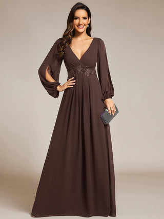Long Sleeve A-Line Floor Length Deep V-Neck Evening Dresses
