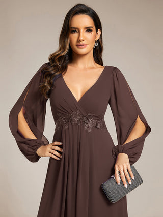 Long Sleeve A-Line Floor Length Deep V-Neck Evening Dresses