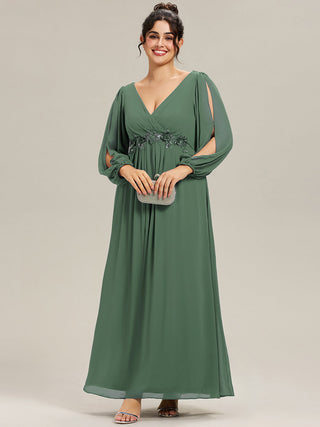 Long Sleeve A-Line Floor Length Deep V-Neck Evening Dresses