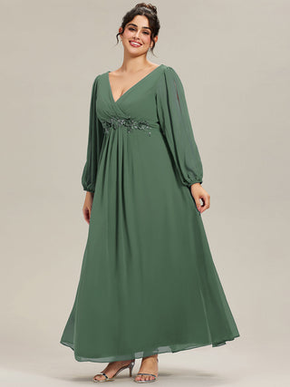 Long Sleeve A-Line Floor Length Deep V-Neck Evening Dresses