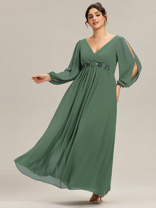 Long Sleeve A-Line Floor Length Deep V-Neck Evening Dresses