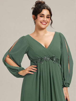 Long Sleeve A-Line Floor Length Deep V-Neck Evening Dresses