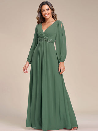Long Sleeve A-Line Floor Length Deep V-Neck Evening Dresses