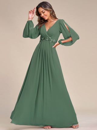 Long Sleeve A-Line Floor Length Deep V-Neck Evening Dresses