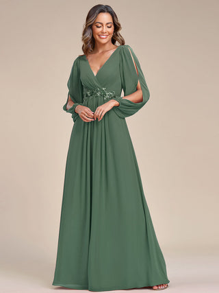 Long Sleeve A-Line Floor Length Deep V-Neck Evening Dresses