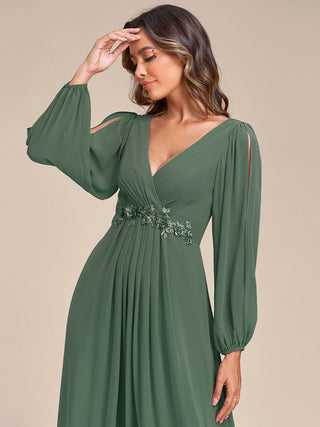 Long Sleeve A-Line Floor Length Deep V-Neck Evening Dresses