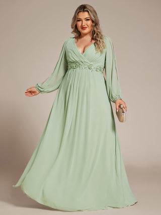 Long Sleeve A-Line Floor Length Deep V-Neck Evening Dresses