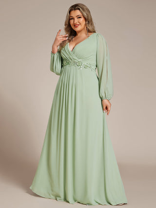 Long Sleeve A-Line Floor Length Deep V-Neck Evening Dresses