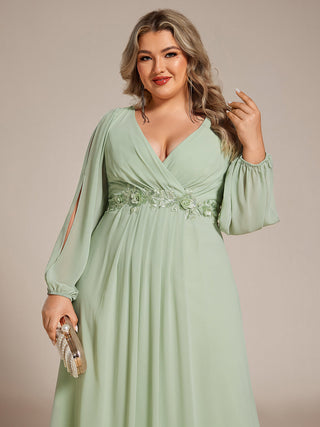 Long Sleeve A-Line Floor Length Deep V-Neck Evening Dresses