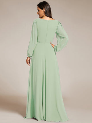 Long Sleeve A-Line Floor Length Deep V-Neck Evening Dresses